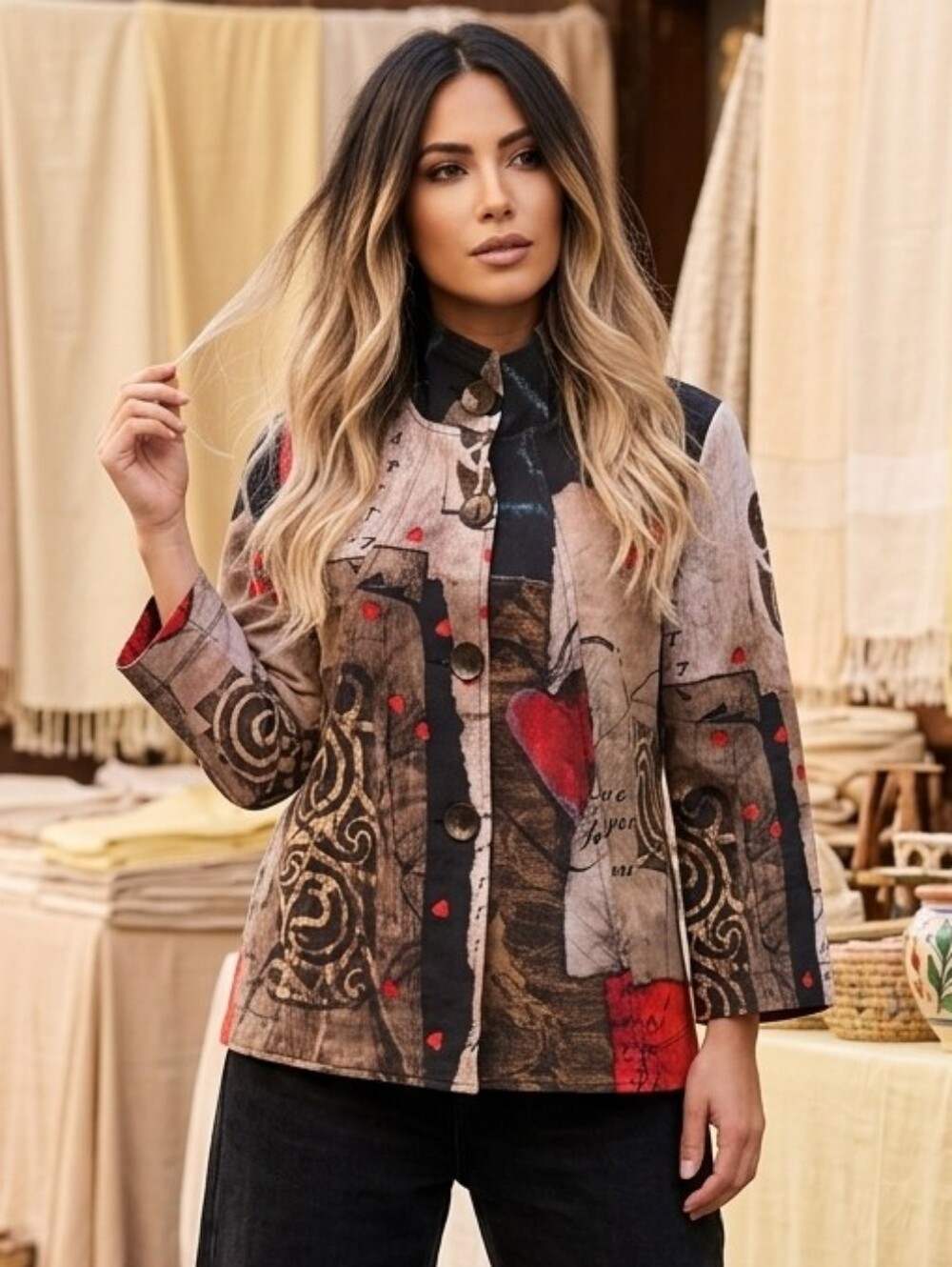 SIMPLY ART🎨by DOLCEZZA Graphic Print AVANT-GARDE Stand-Collar JacketFits S to L